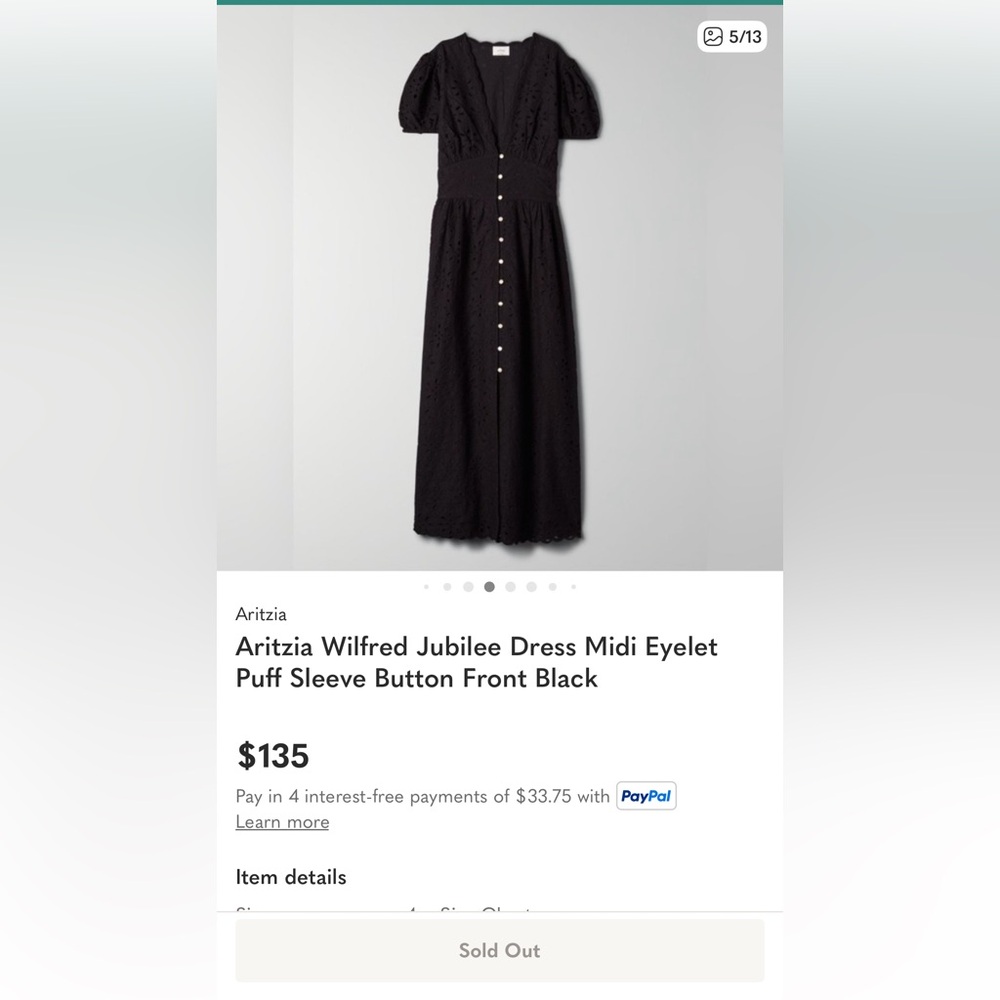 Atitzia Wilfred Jubilee Black Puff Sleeve Eyelet Button Down Midi Dress (Size 4) - Picture 7 of 7
